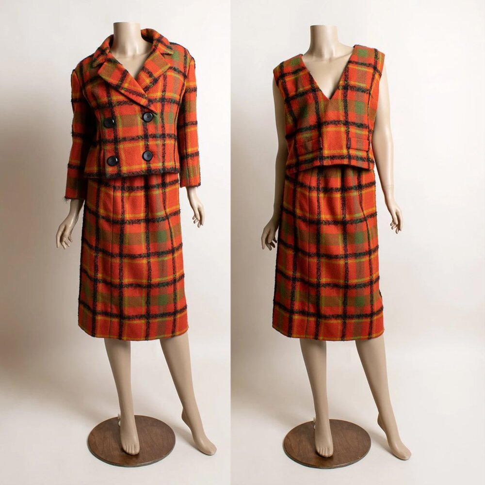Vintage 1960s Plaid Skirt & Jacket Coat Set Vest Orange Green Vogue Paris 60s